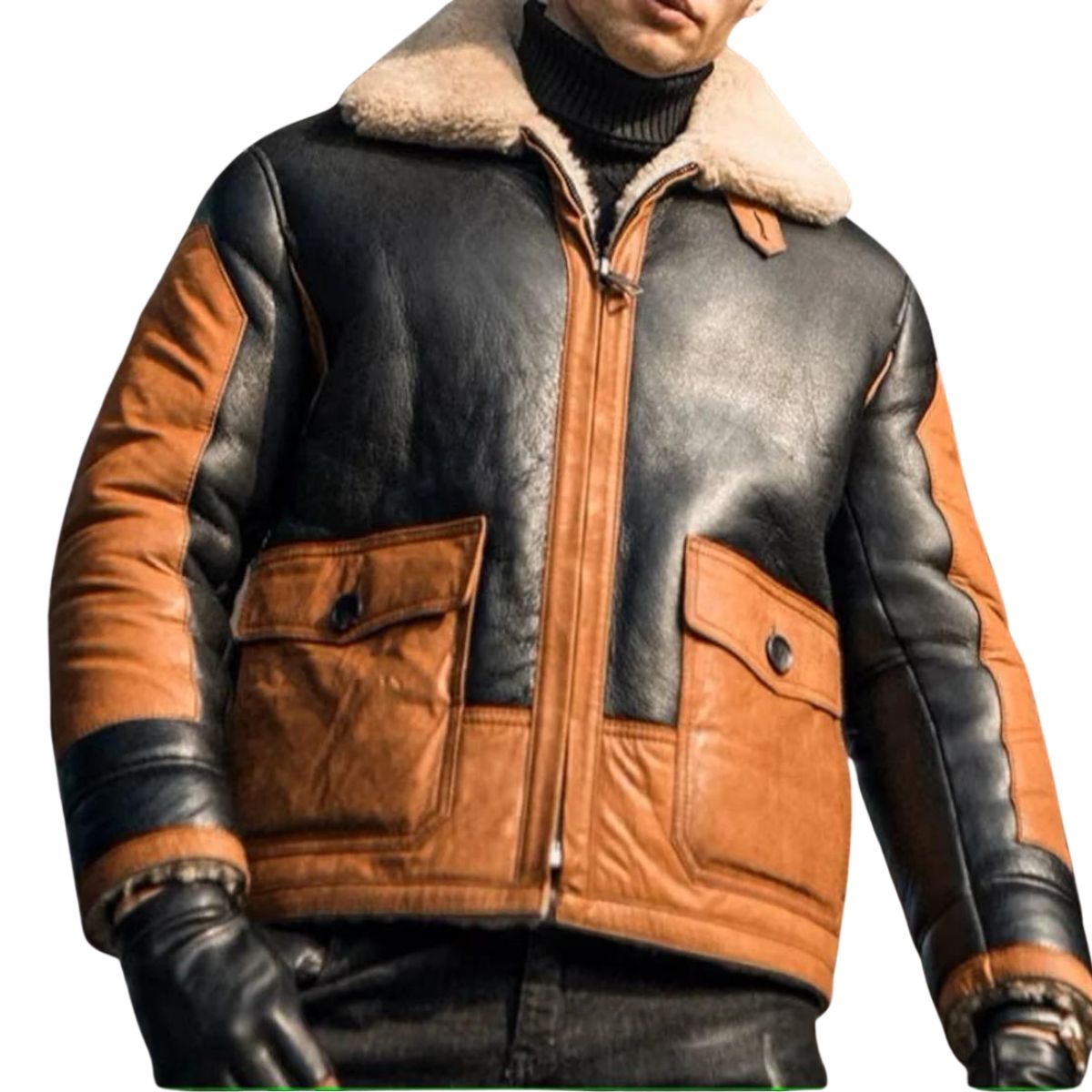 Men’s B3 Black Bomber Shearling Two Tone Style Leather Jacket