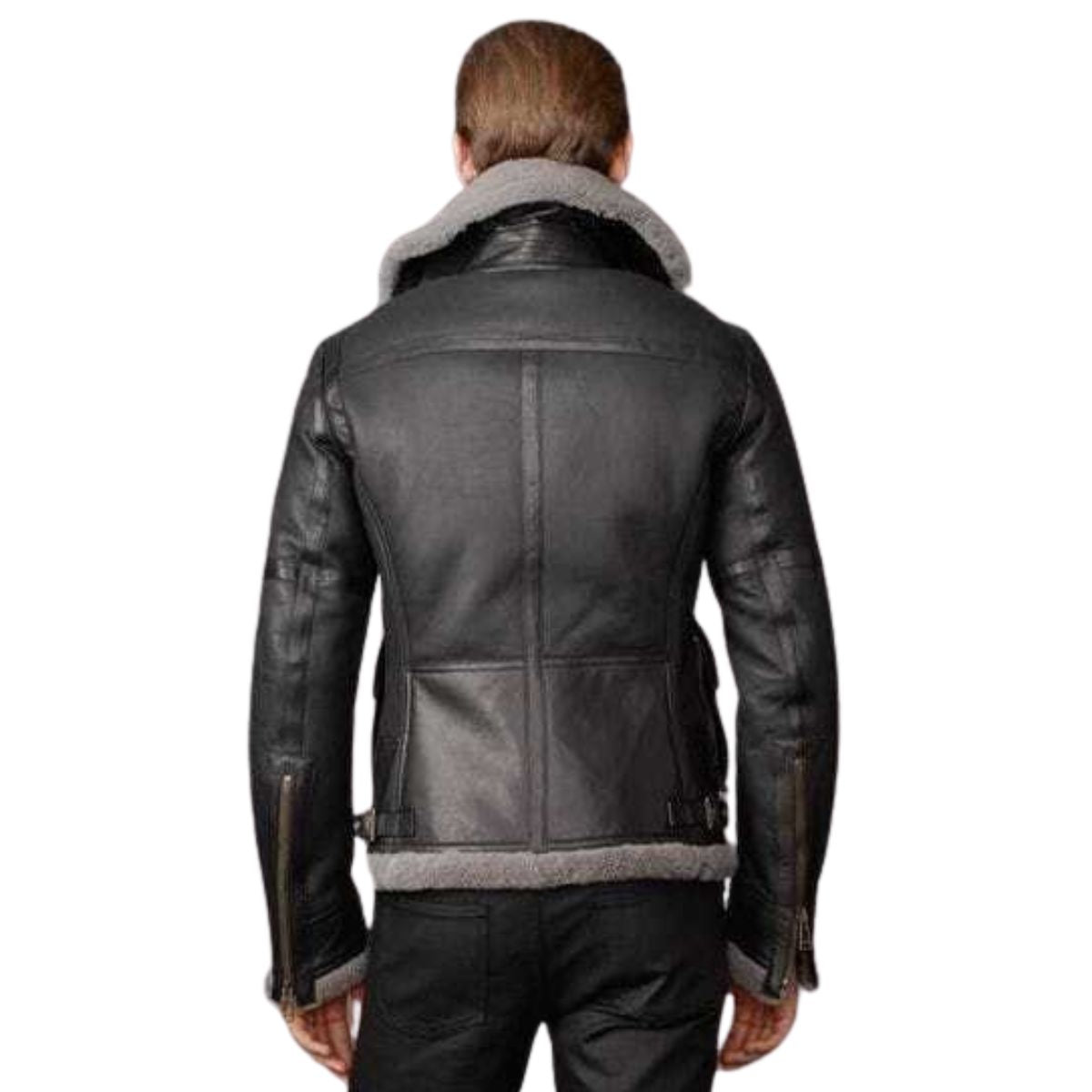 Black b3 Bomber Men Shearling Motorcycle Jacket with Fur