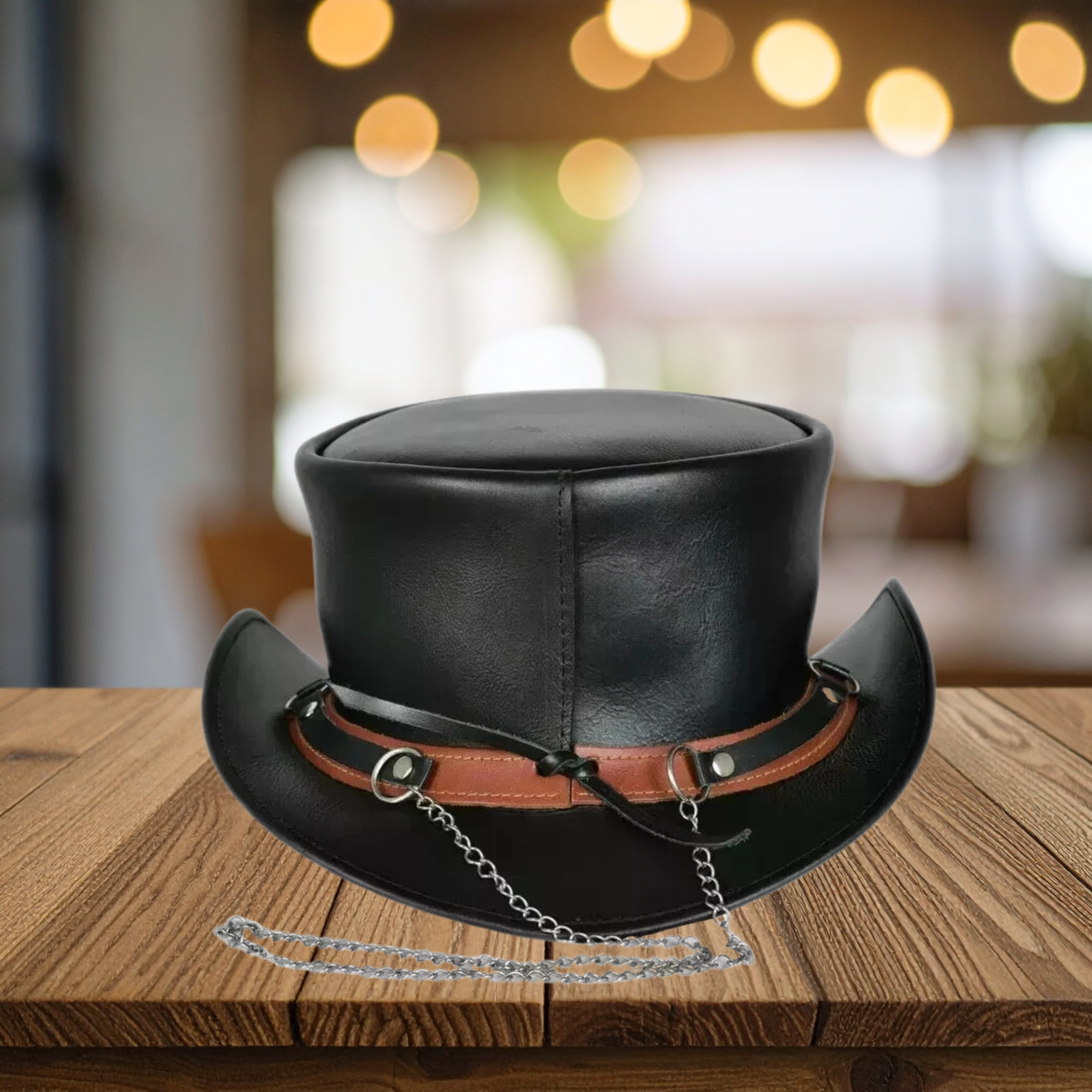 Steampunk Deadman Leather Top Hat - El Dorado Ring Band Biker Style Hat