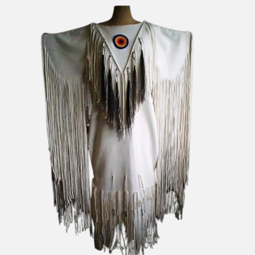 Women Native American Buckskin Leather Long Wedding Dress Pow-Wow White Dress