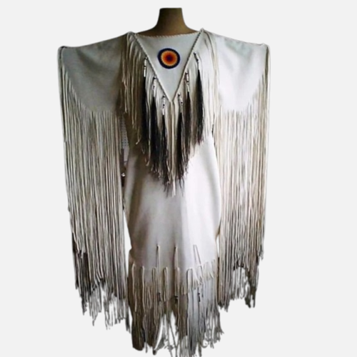 Women Native American Buckskin Leather Long Wedding Dress Pow-Wow White Dress