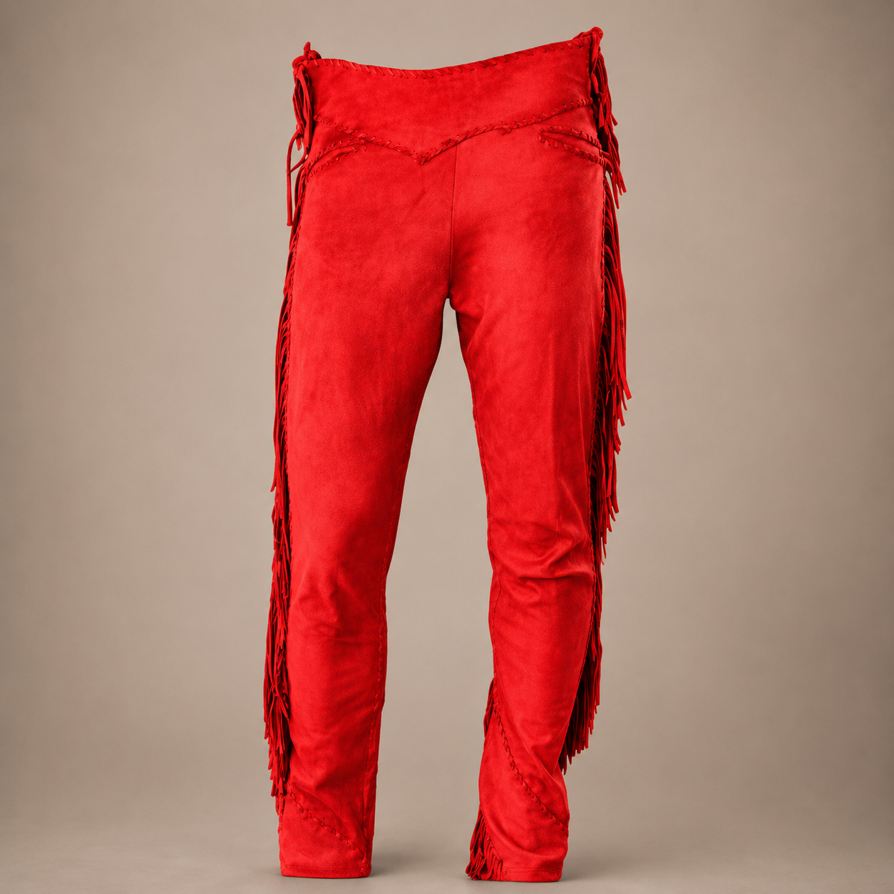 Men Native American Western Cowboy Leather Pants Suede Leg Side Fringe Red