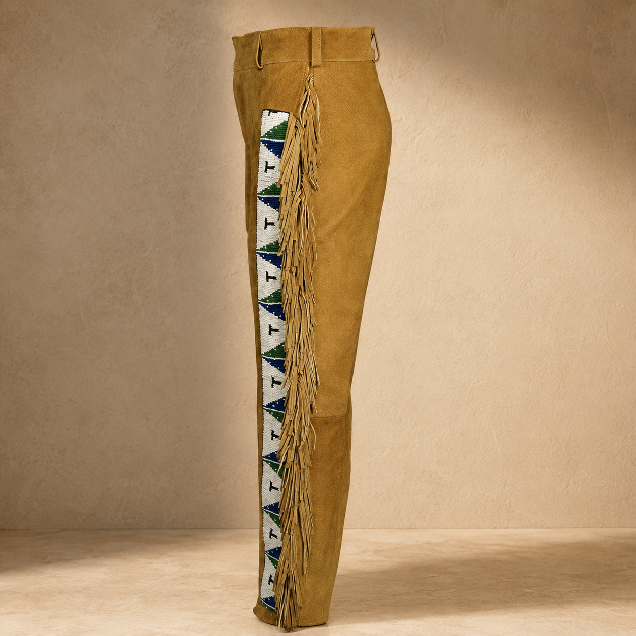 Men Native American Western Cowboy Leather Pants Suede Fringe Full Leg Beaded