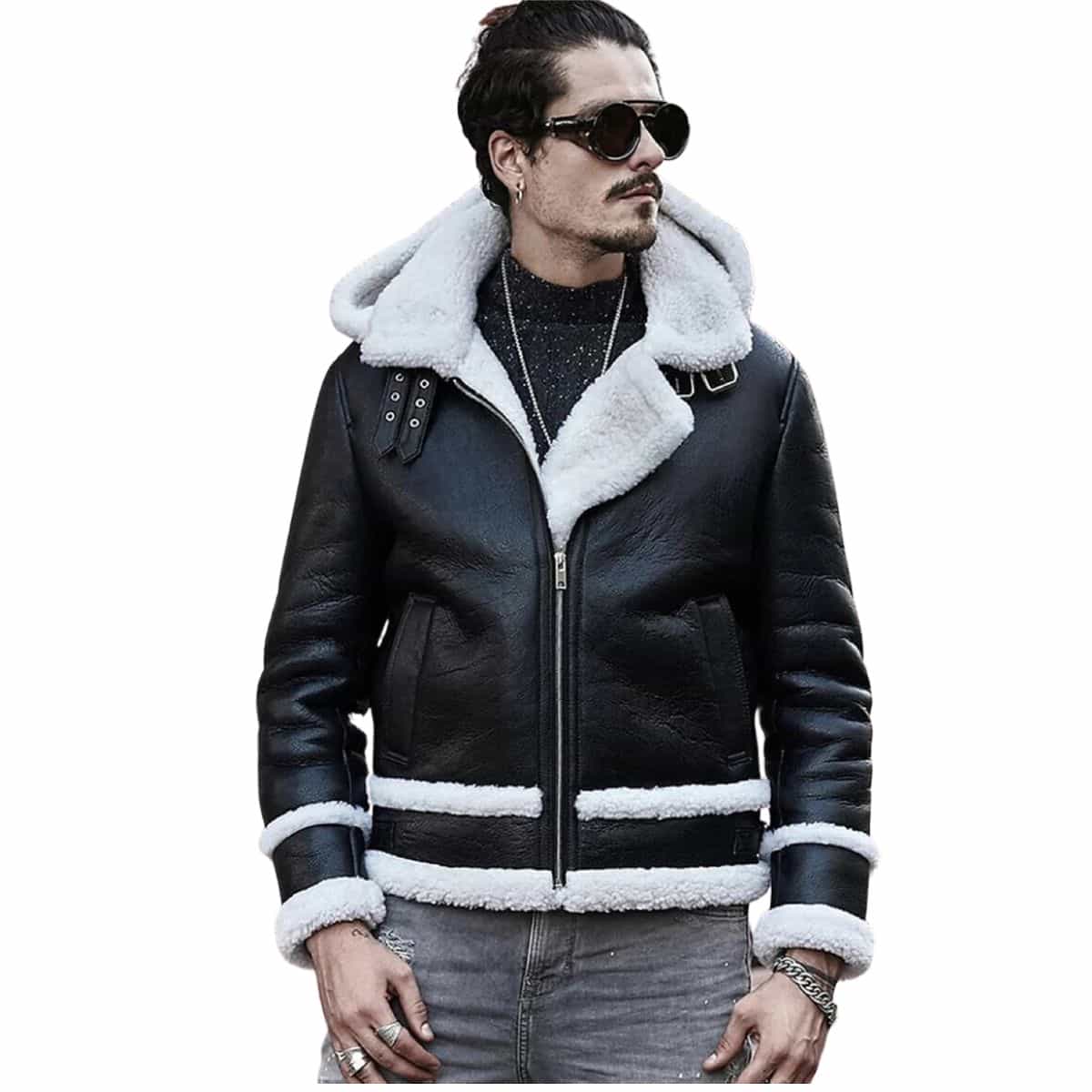 Aviator Leather White Fur Jacket With Hood