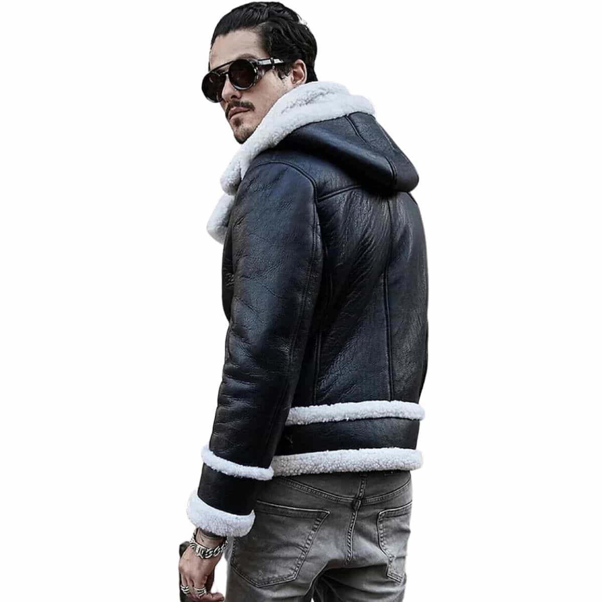 Aviator Leather White Fur Jacket With Hood