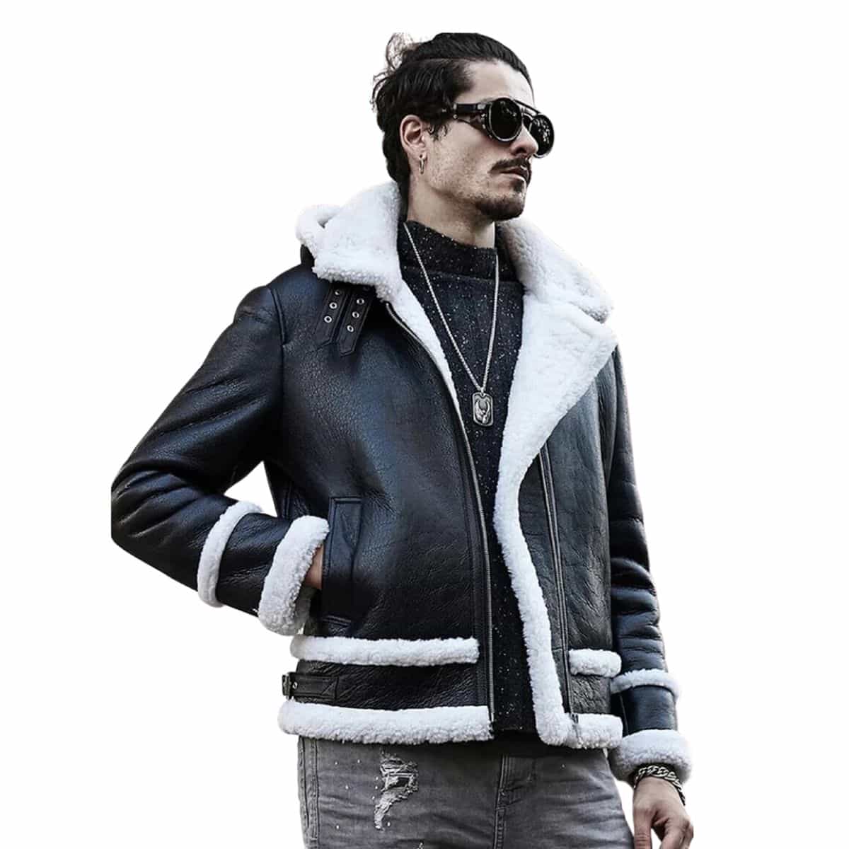 Aviator Leather White Fur Jacket With Hood