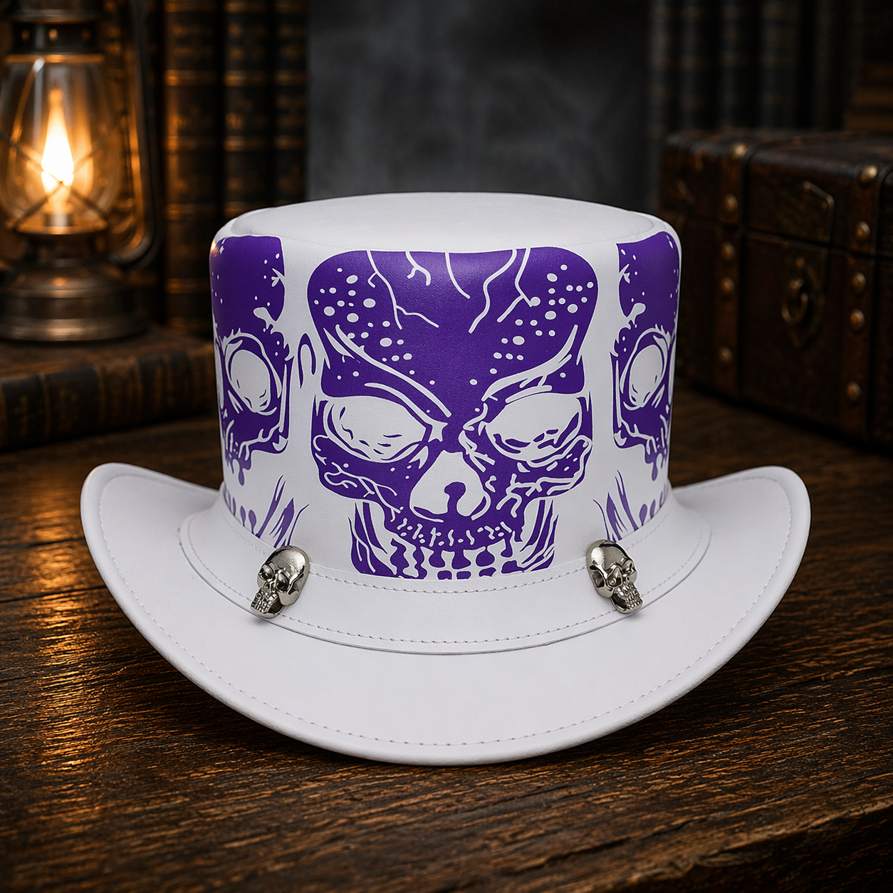 Handcrafted White Leather Top Hat with Red Skull Design – Gothic Steampunk Style