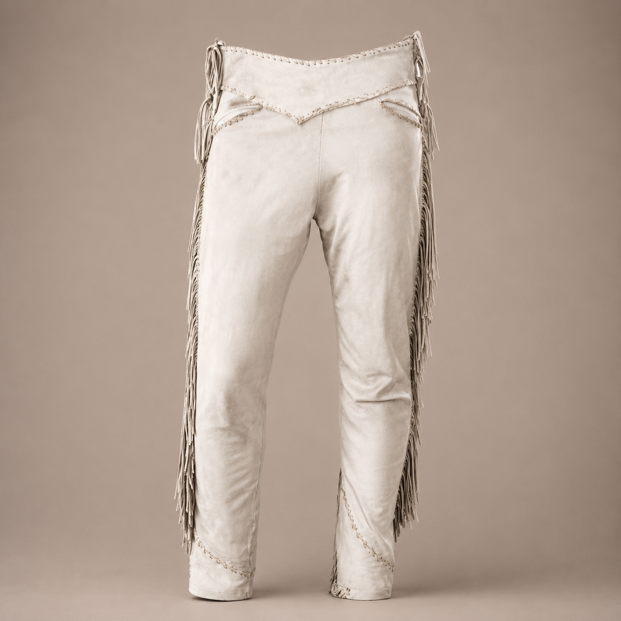 Men Native American Western Cowboy Leather Pants Suede Leg Side Fringe White