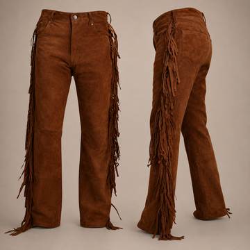 Men Native American Western Cowboy Leather Pants Suede Full Leg Fringe - Pockets