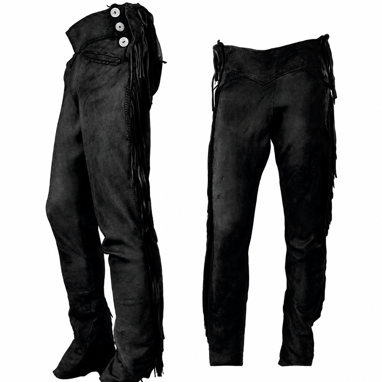 Men Native American Western Cowboy Leather Pants Suede Leg Side Fringe Black