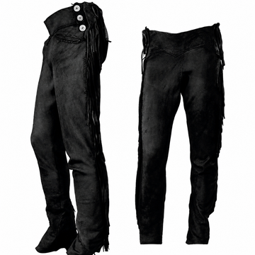 Men Native American Western Cowboy Leather Pants Suede Leg Side Fringe Black