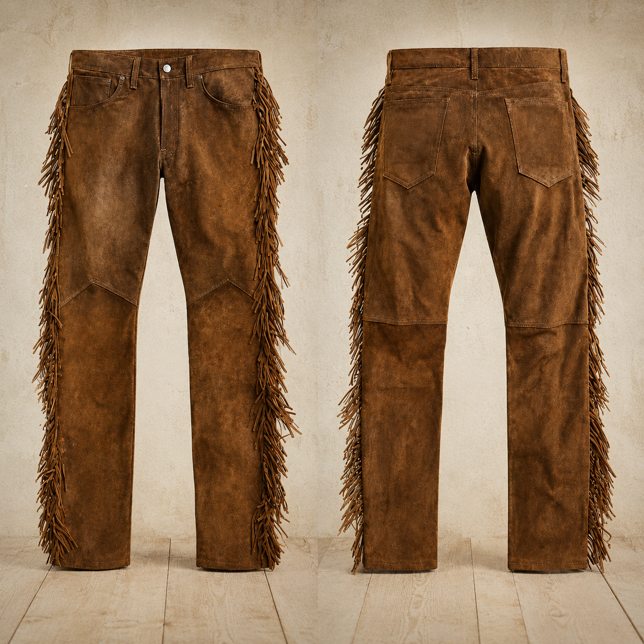 Men Native American Western Cowboy Leather Pants Full Leg Fringe Suede Leather