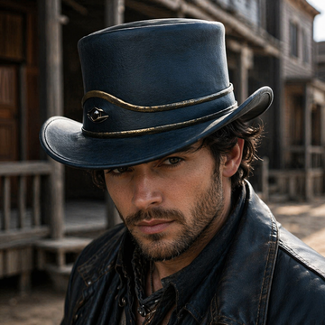 Steampunk Leather Top Hat Black, El Dorado Hat With Golden Eye Band Bikers Hat