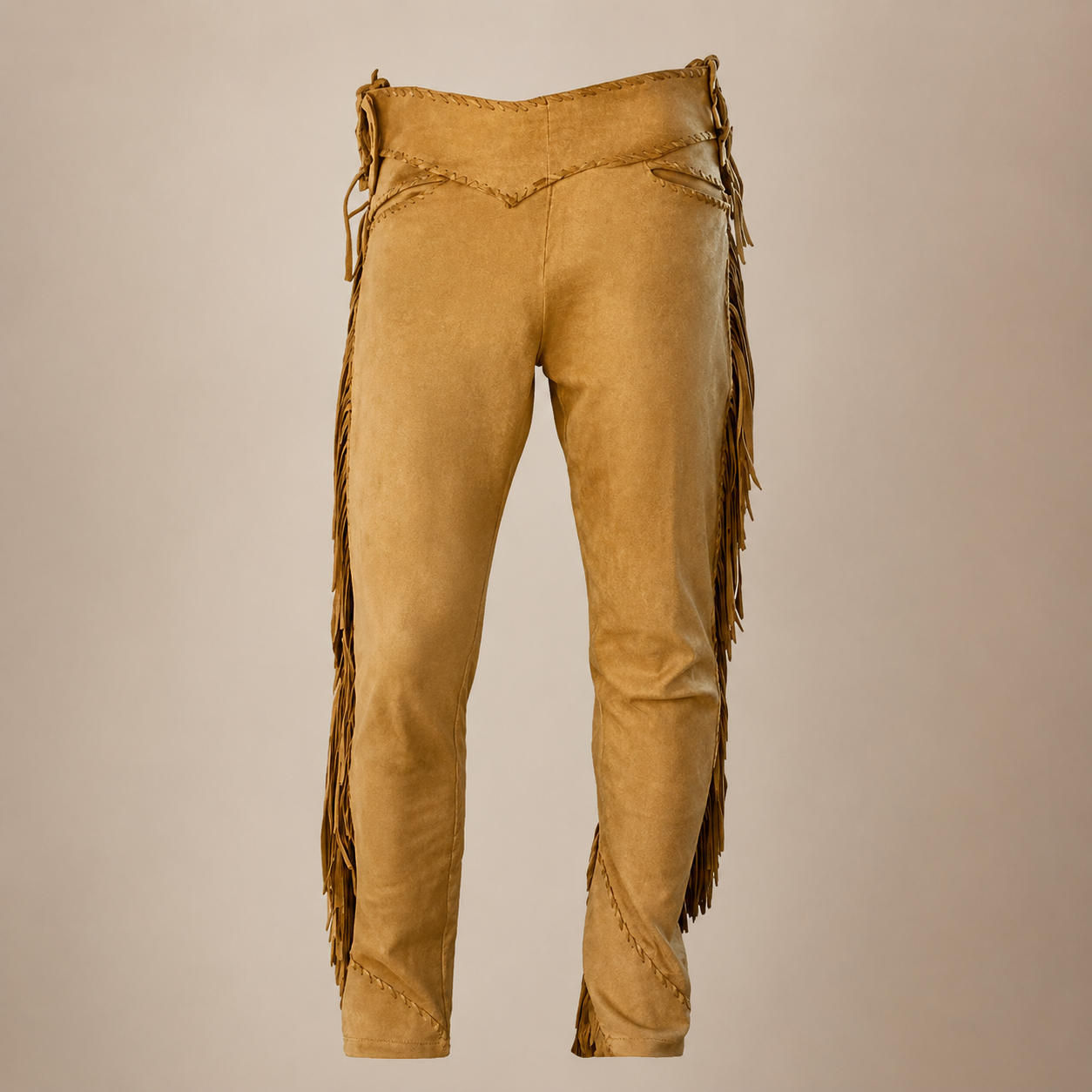 Men Native American Western Cowboy Leather Pants Suede Leg Side Fringe GoldBrown