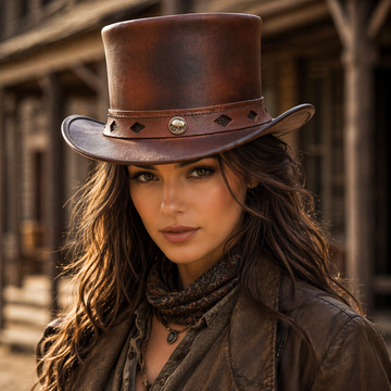 Steampunk Gothic Biker Motrcycle Topper Top Hat with Diamond Inlay Brown Leather