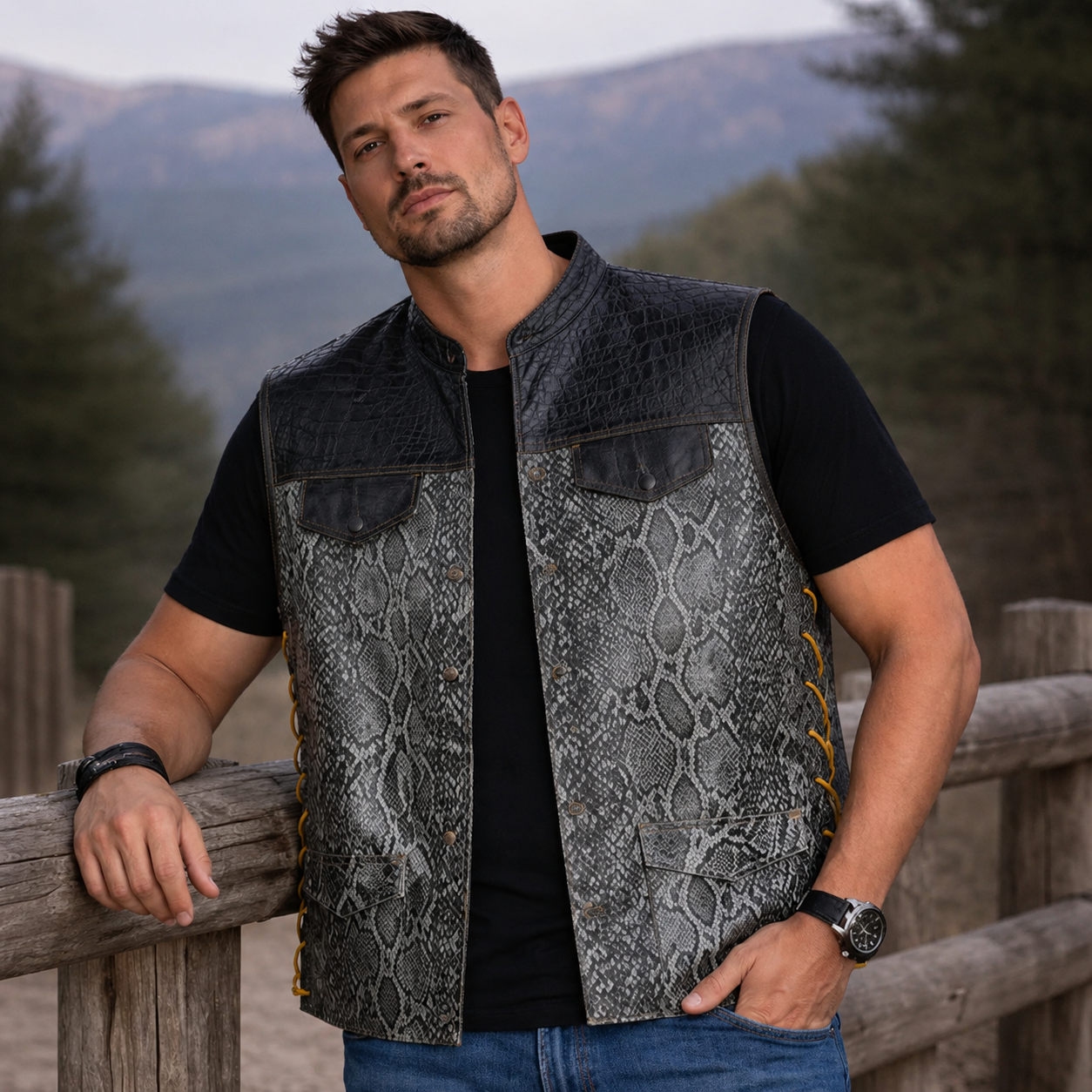 Men Leather Side Lases Snake Embossed Grey Leather Vest Men Biker Leather USA Flag Vest Motorcycle Rider Waistcoat Gift For Him Gift For Men
