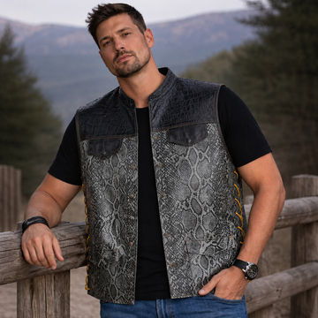 Men Leather Side Lases Snake Embossed Grey Leather Vest Men Biker Leather USA Flag Vest Motorcycle Rider Waistcoat Gift For Him Gift For Men