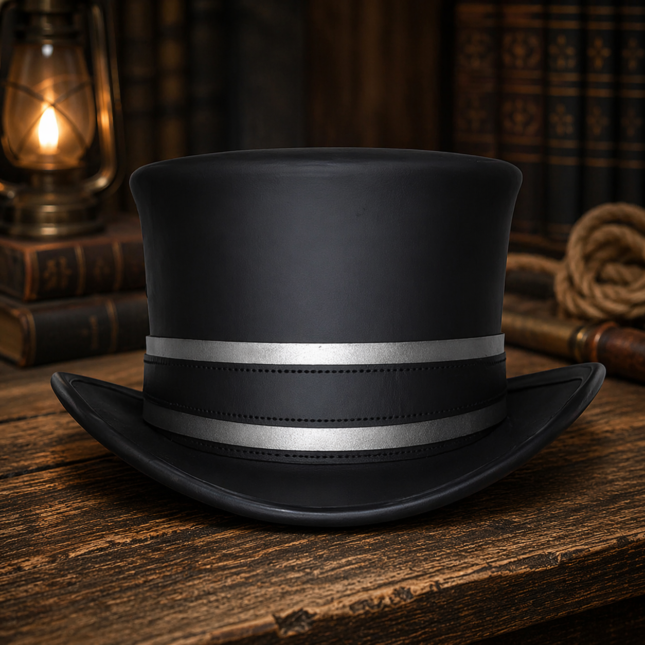 Handcrafted Black Leather TopHat with silver Lining Steampunk Gothic Cosplay Hat