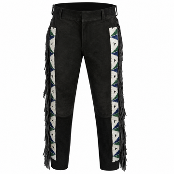Men Native American Western Cowboy Leather Pants Suede Fringe Full Leg Beaded