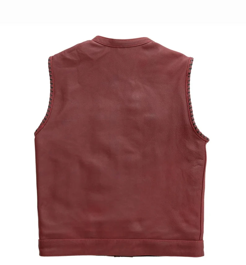Men Leather Club Vest Cowhide Maroon Leather Vest, Men Biker Leather Vest ,Braided Motorcycle Rider Waistcoat- Gifts For Him Gifts For Men