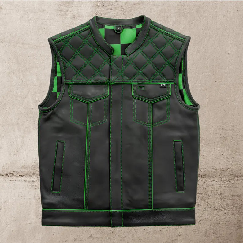 Men Leather Club Vest Green Diamond Quilted Leather Vest,Men Biker Leather Vest ,Motorcycle Rider Waistcoat- Gift For Him Gift For Men
