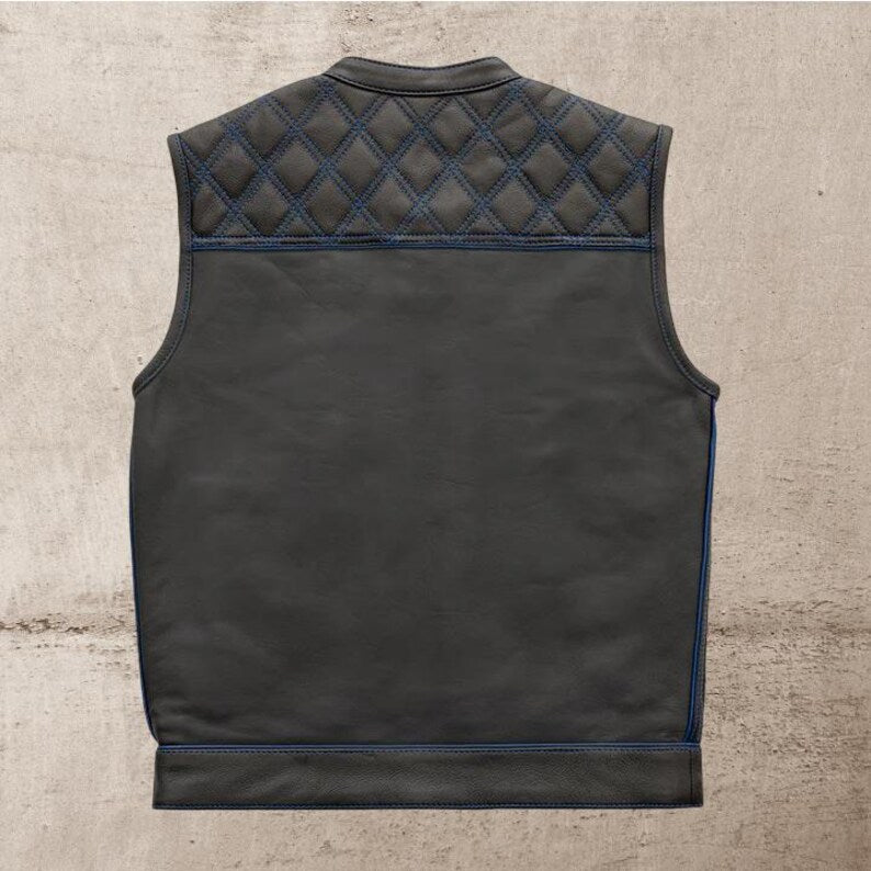 Men Leather Club Vest Blue Diamond Quilted Leather Vest,Men Biker Leather Vest ,Motorcycle Rider Waistcoat- Gift For Him Gift For Men