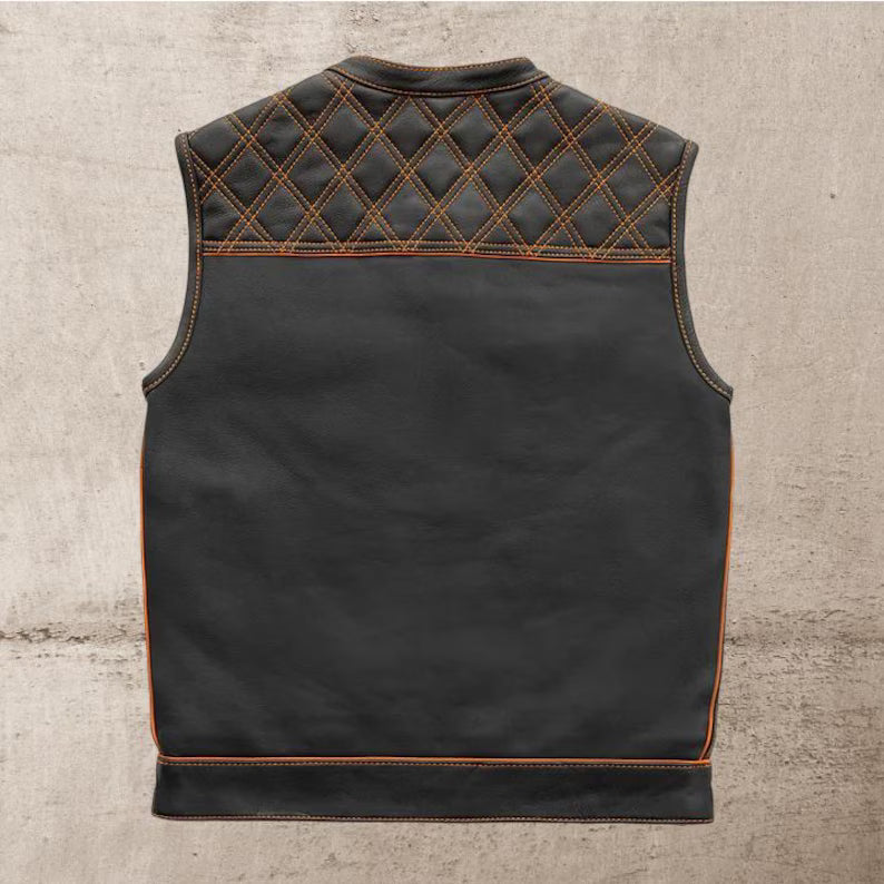Men Leather Club Vest Orange Diamond Quilted Leather Vest,Men Biker Leather Vest ,Motorcycle Rider Waistcoat- Gift For Him Gift For Men