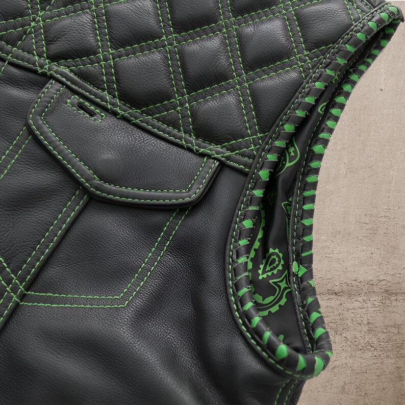 Men Leather Club Vest Green Diamond Quilted Leather Vest,Men Biker Leather Vest ,Motorcycle Rider Waistcoat- Gift For Him Gift For Men