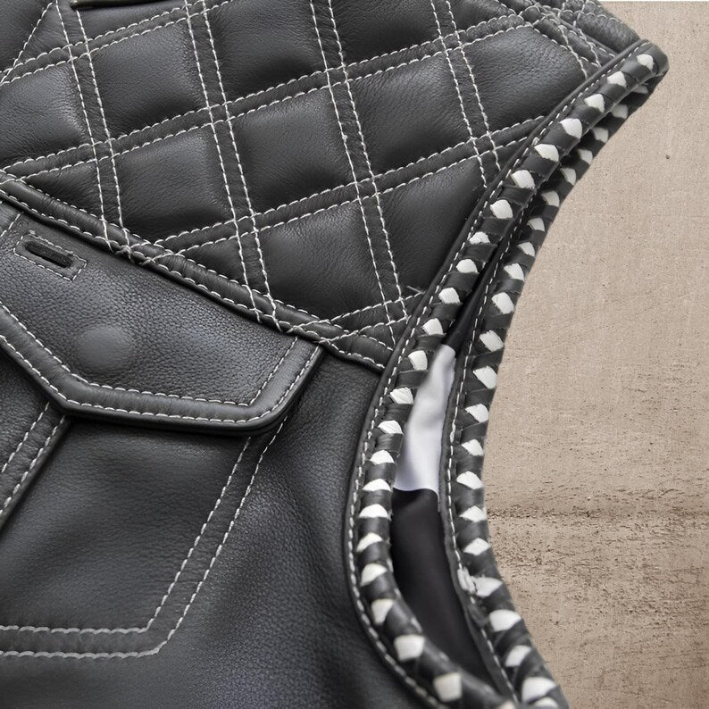 Men Leather Club Vest White Diamond Quilted Leather Vest,Men Biker Leather Vest ,Motorcycle Rider Waistcoat- Gift For Him Gift For Men