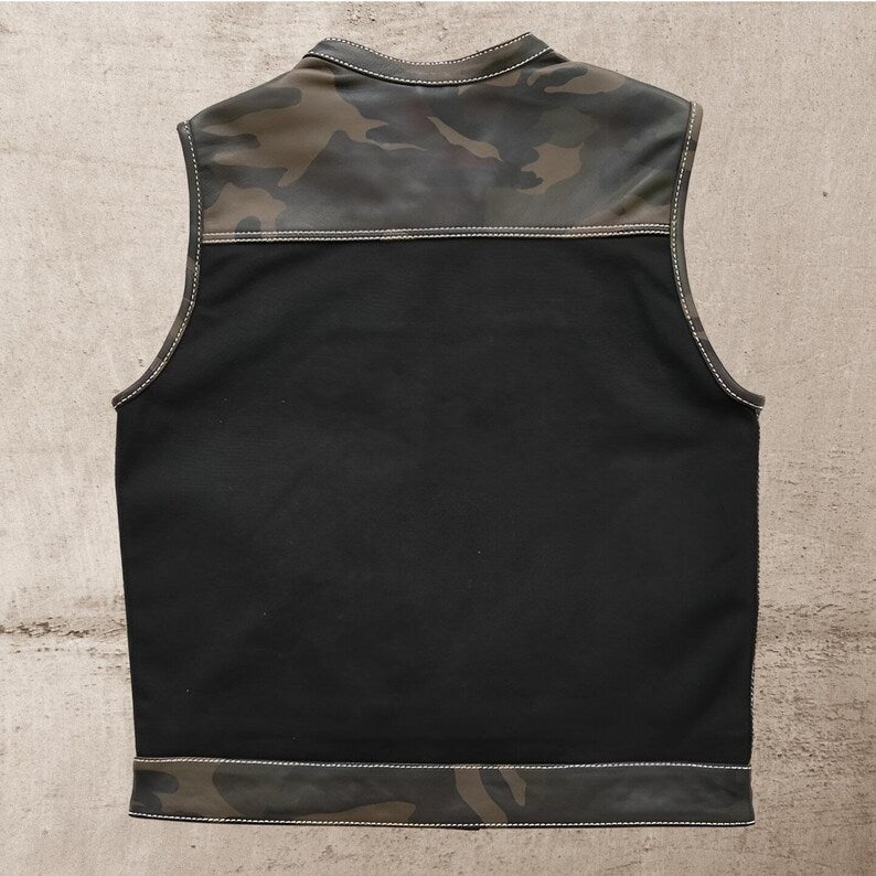 Men Leather Club Vest Cowhide Camo Green Canvas Leather Vest, Men Biker Leather Vest , Motorcycle Rider Waistcoat- Gift For Him Gift For Men