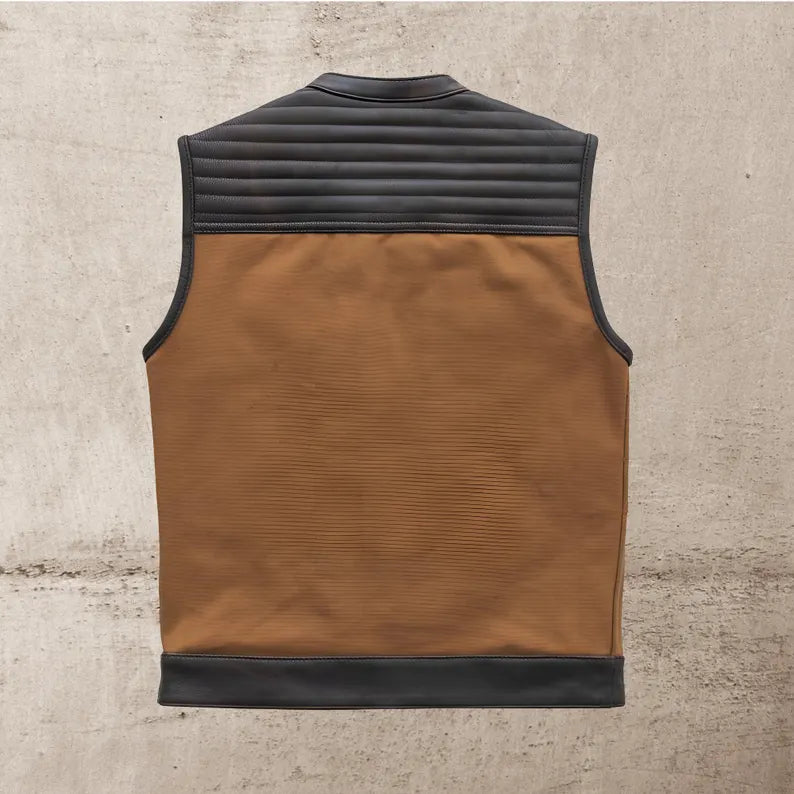Men Leather Club Vest Tan Canvas Straight Quilted Leather Vest,Men Biker Leather Vest ,Motorcycle Rider Waistcoat- Gift For Him Gift For Men