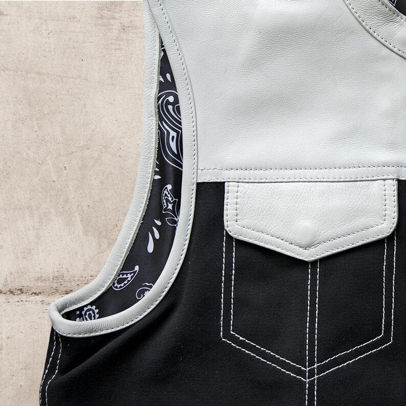 Men Leather Club Vest White Black Paisley Leather Vest, SOA Men Biker Leather Vest ,Motorcycle Rider Waistcoat- Gift For Him Gift For Men