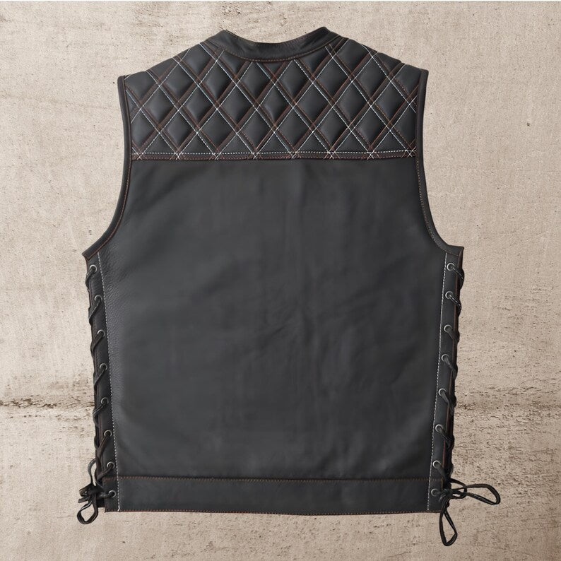 Men Leather Club Vest Orange Diamond Quilted Lases Leather Vest,Men Biker Leather Vest Motorcycle Rider Waistcoat- Gift For Him Gift For Men