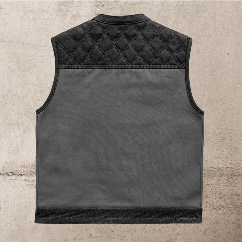 Men Leather Club Vest Diamond Quilted Leather Grey Canvas Vest,Men Biker Leather Vest Motorcycle Rider Waistcoat Gift For Him Gift For Men