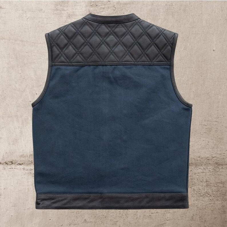 Men Leather Club Vest Diamond Quilted Leather Blue Canvas Vest,Men Biker Leather Vest Motorcycle Rider Waistcoat Gift For Him Gift For Men