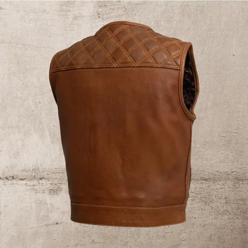 Men Brown wax Leather Club Vest Diamond Quilted Leather Vest,Men Biker Vest Motorcycle Rider Denim Waistcoat Gift For Him Gift For Men
