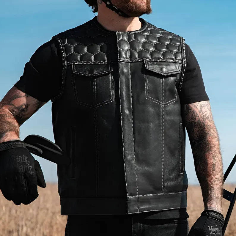 Men Leather Club Vest Honey Grill Quilted Braided Leather Vest,Men Biker Leather Vest Motorcycle Rider Waistcoat Gift For Him Gift For Men