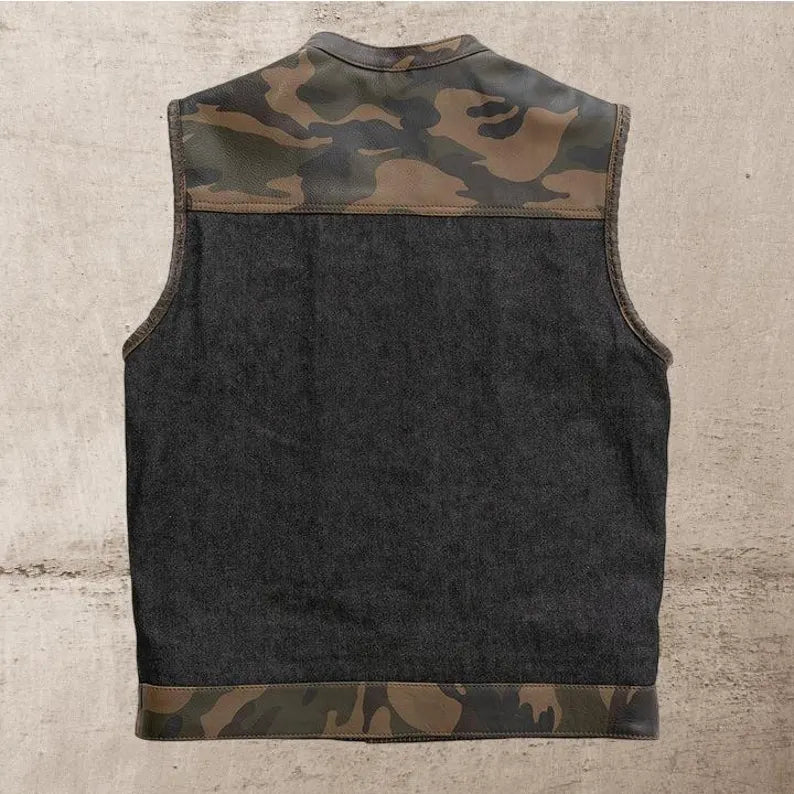 Men Leather Club Vest Cowhide Camo Green Canvas Leather Vest, Men Biker Leather Vest , Motorcycle Rider Waistcoat- Gift For Him Gift For Men