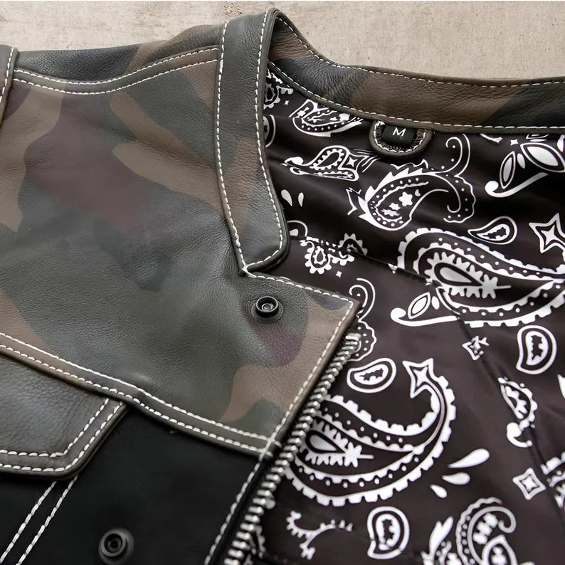 Men Leather Club Vest Cowhide Camo Green Canvas Leather Vest, Men Biker Leather Vest , Motorcycle Rider Waistcoat- Gift For Him Gift For Men