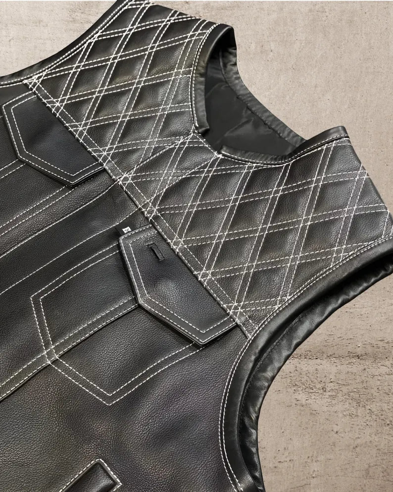 Men Leather Club Vest Black Diamond Quilted Leather Vest,Men Biker Leather Vest Motorcycle Rider Waistcoat Gift For Him Gift For Men
