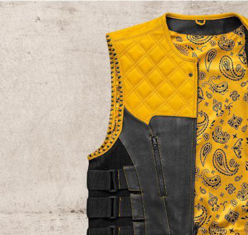Men Leather Club Vest Cowhide Yellow Paisley Leather Vest, Men Biker Leather Vest , Motorcycle Rider Waistcoat- Gift For Him Gift For Men
