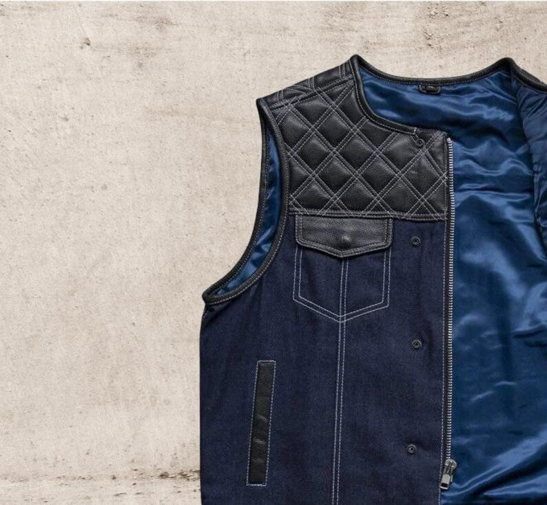 Men Leather Club Vest Cowhide Blue Satin Lining Leather Vest Men Biker Leather Vest,Motorcycle Rider Waistcoat Gift For Him Gift For Men