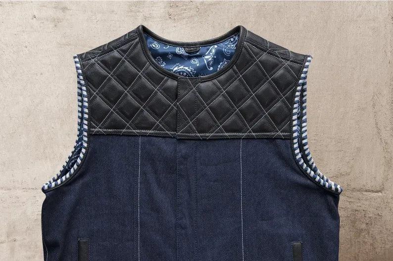 Men Leather Club Vest Cowhide Blue Satin Lining Leather Vest Men Biker Leather Vest,Motorcycle Rider Waistcoat Gift For Him Gift For Men