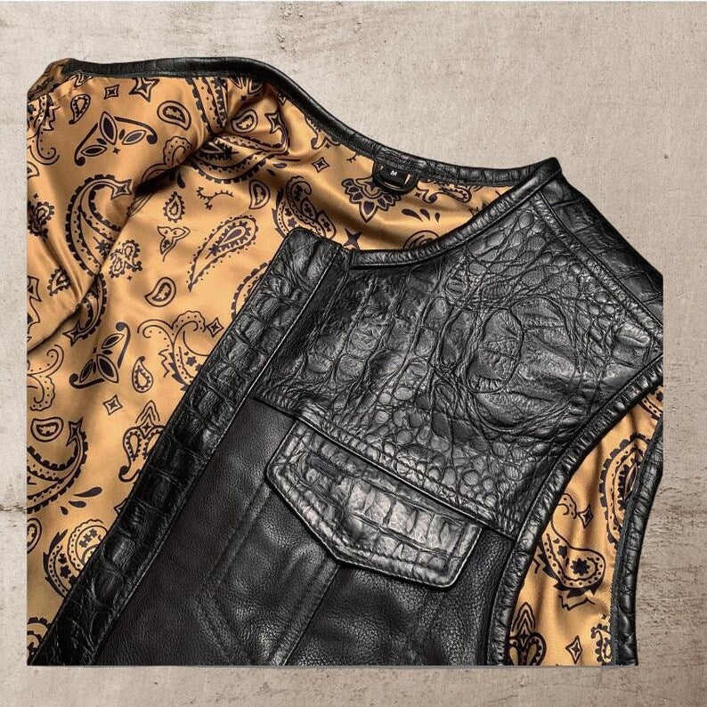 Men Leather Club Vest Crocodile Embossed Western Leather Vest,Men Biker Leather Vest ,Motorcycle Rider Waistcoat- Gift For Him Gift For Men