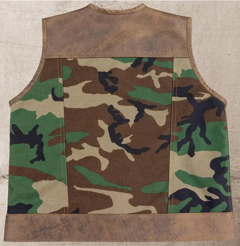 Men Leather Club Vest Distress Brown Leather Vest Camo,Men Biker Leather Vest ,Motorcycle Rider Waistcoat Gift For Him Gift For Men