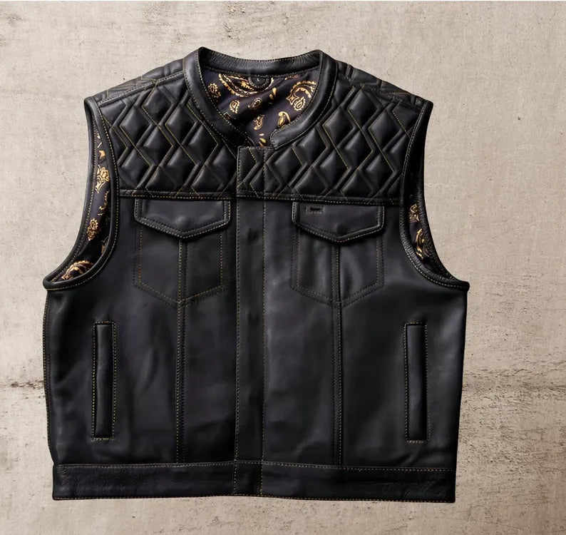 Men Leather Club Black Leather Vest Diamond Quilted Paisley Men Biker Leather Vest Motorcycle Rider Waistcoat Gift For Him Gift For Men
