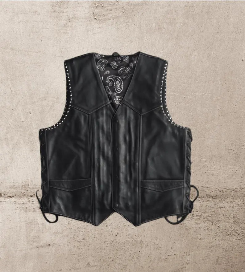 Men Leather Western Black Leather Vest Men Biker Leather Braided Paisley Lases Vest Motorcycle Rider Waistcoat Gift For Him Gift For Men