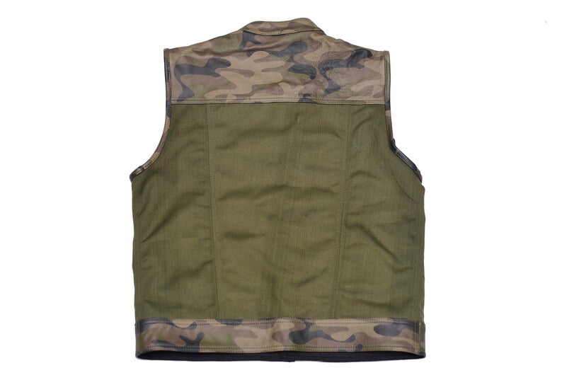 Men Leather Club Vest Cowhide Camo Green Canvas Leather Vest, Men Biker Leather Vest , Motorcycle Rider Waistcoat- Gift For Him Gift For Men