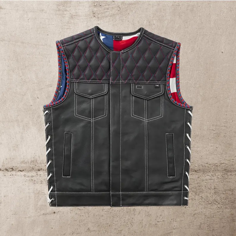 Men Leather Club Vest USA Flag Diamond Quilted Leather Vest,Men Biker Leather Vest ,Motorcycle Rider Waistcoat- Gift For Him Gift For Men