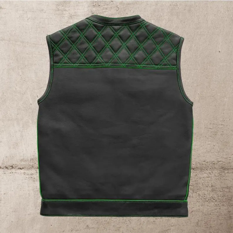 Men Leather Club Vest Green Diamond Quilted Leather Vest,Men Biker Leather Vest ,Motorcycle Rider Waistcoat- Gift For Him Gift For Men